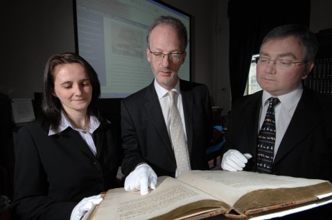 L-R Dr Gillian MacIntosh, Professor Keith Brown and Bruno Longmore (NAS) with the unfinished record during today's launch (Photo: Alan Richardson)